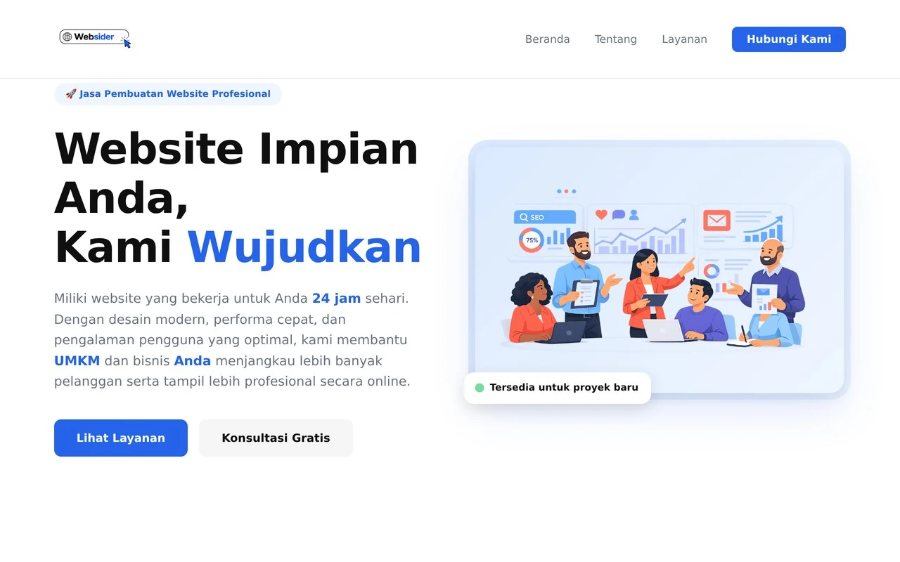 Websider Indonesian website concept with blue branding and a web services introduction