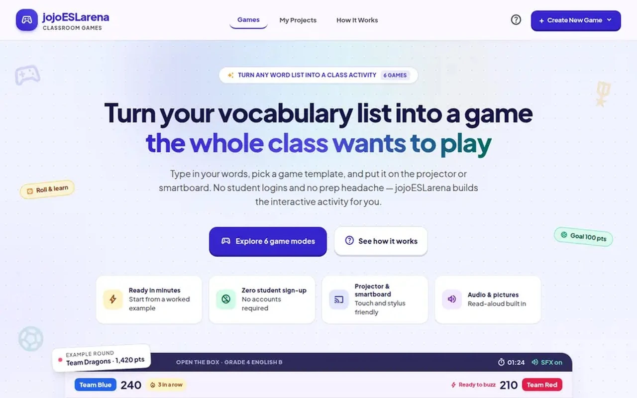 jojoESLarena homepage offering six interactive English classroom game modes