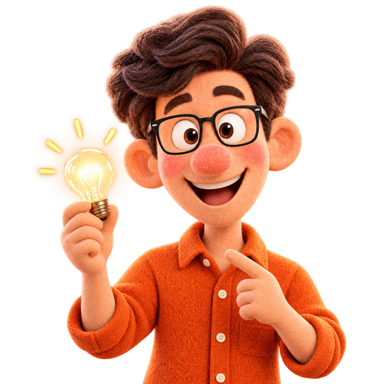 Jonathan with glasses holding a glowing lightbulb