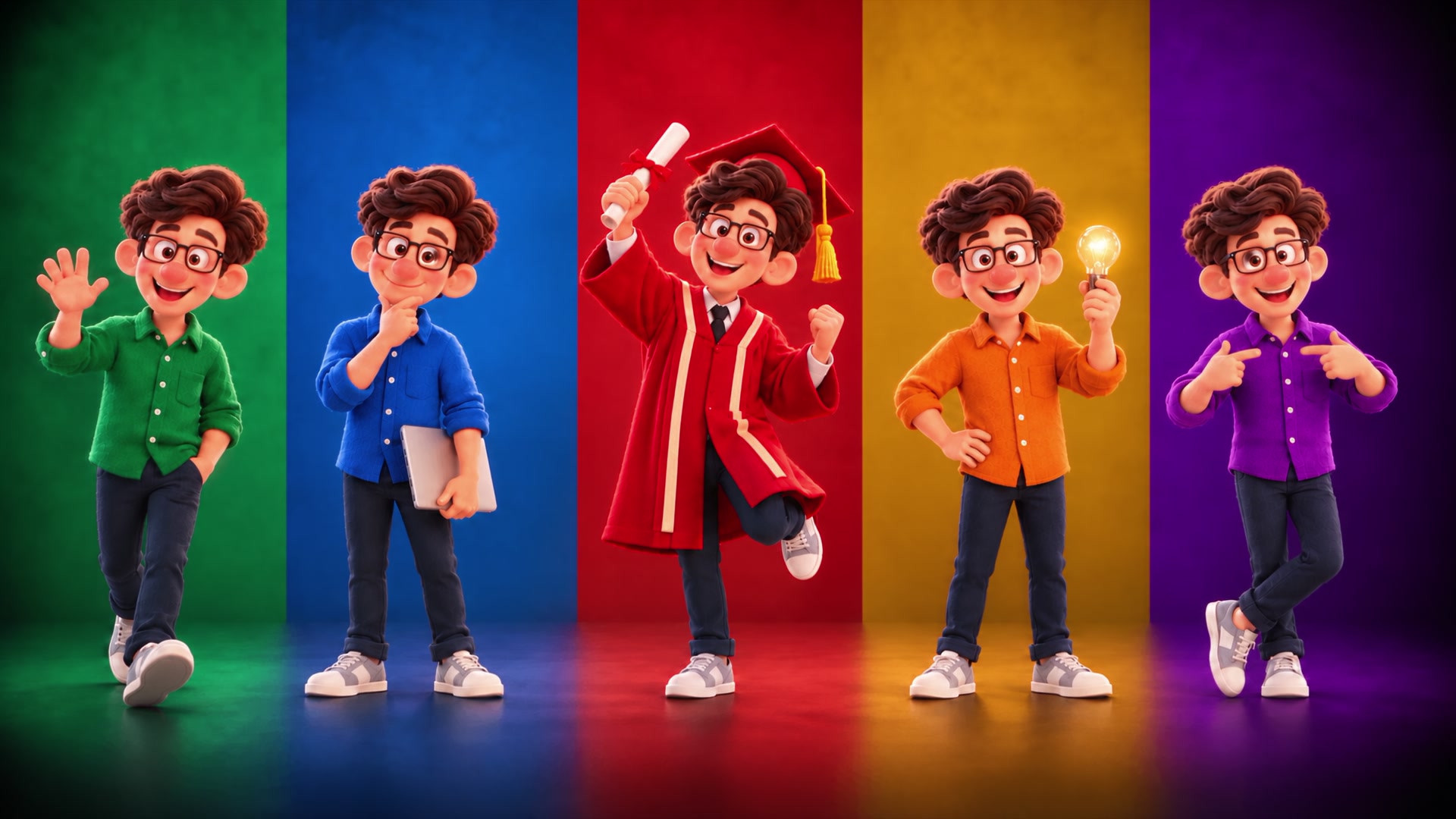 Five colorful 3D versions of Jonathan with glasses